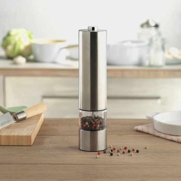 An electric salt or pepper mill offers quick hands free seasoning at the touch of a button