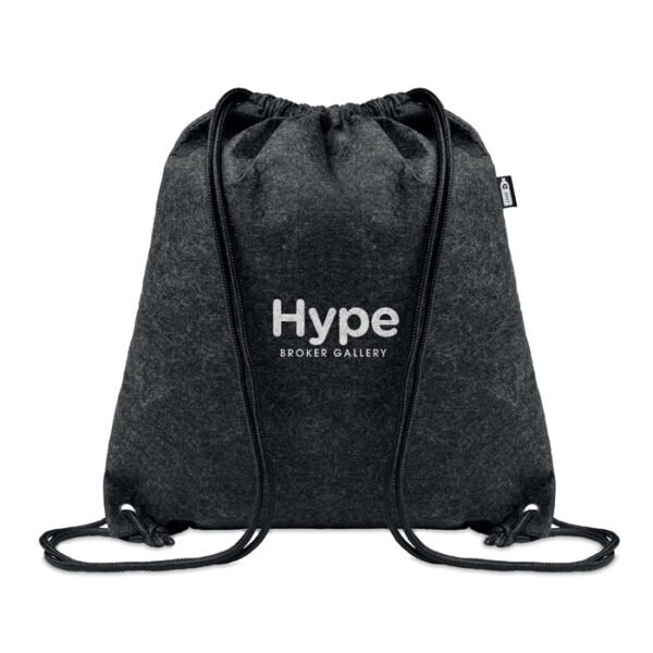 A sleek black drawstring bag made from eco friendly rpet felt perfect for everyday use