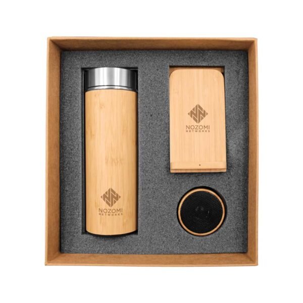 Bamboo flask wireless charger stand and bluetooth speakers