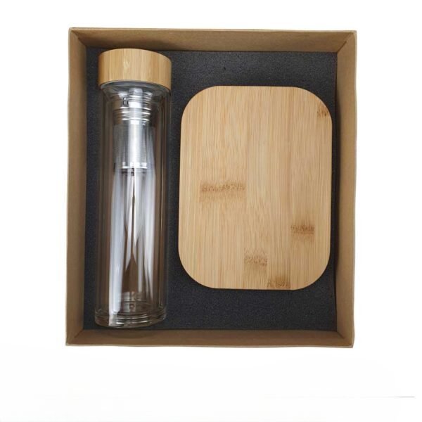 Glass and bamboo flask and glass and bamboo lunch box