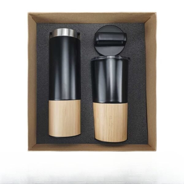 Bamboo lid black stainless steel tumbler and black stainless flask tumbler with bamboo