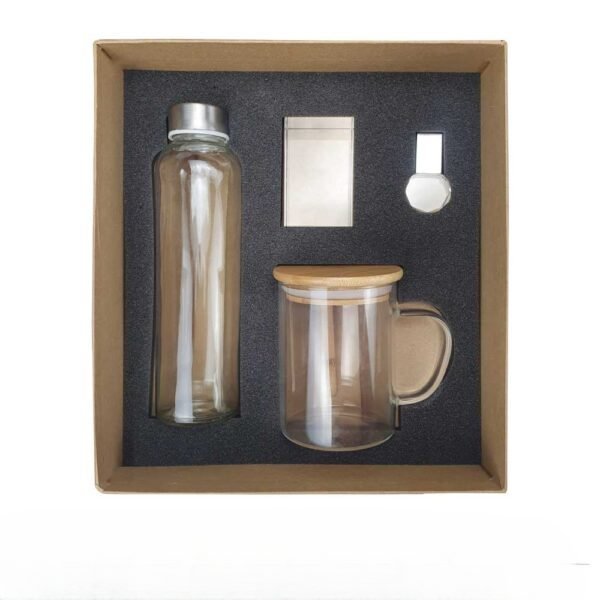 Glass water bottle bamboo lid travel cup with spoon engraving crystal and 16gb round crystal usb