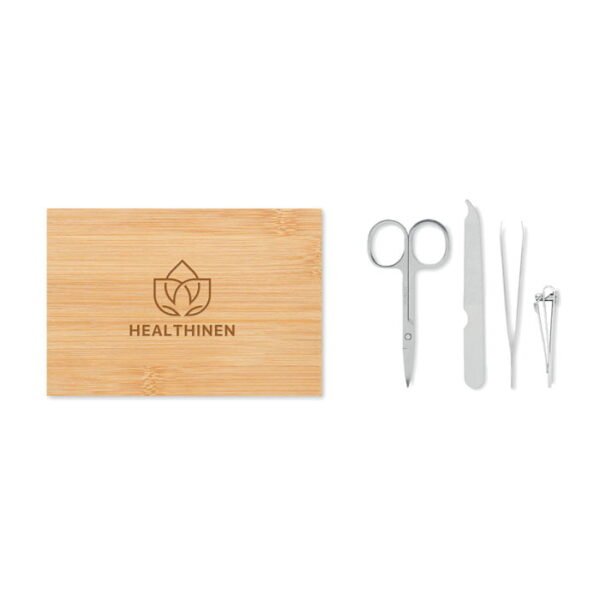 4 piece stainless steel manicure set in a sleek bamboo case with magnetic closure