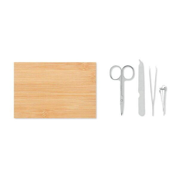 Stylish 4 piece manicure set with stainless steel tools in a bamboo case