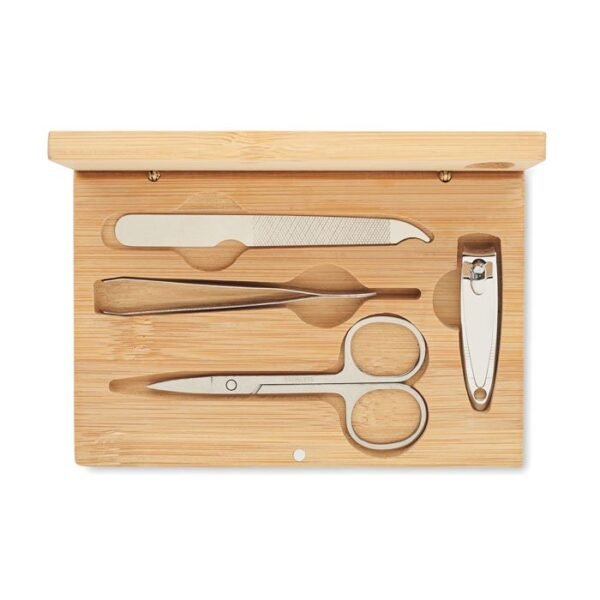 4 piece stainless steel manicure set in a bamboo case perfect for on the go care