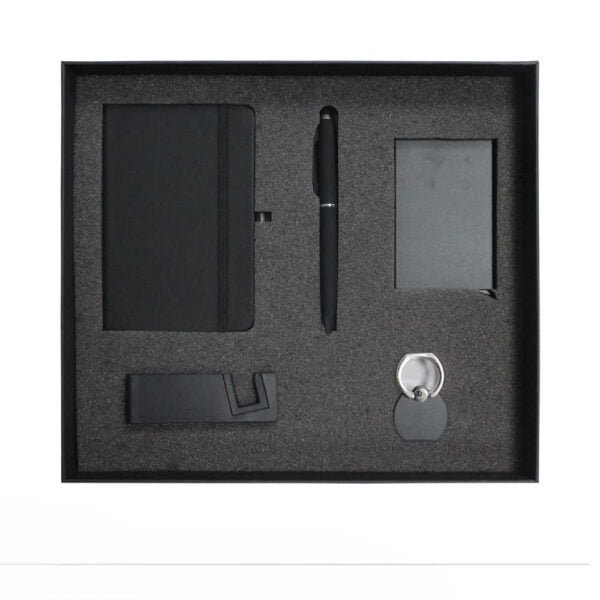 Essential black accessories notebook pen card holder and phone stand