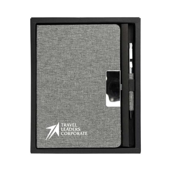 Promotional rpet gift sets with black cardboard gift box24 corporate gifts suppliers for uae Notebook and ballpen set fabric and metal packaged in a black cardboard box with cushion