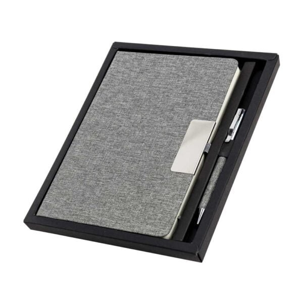 Notebook ballpen fabric and metal in a protective black gift box with cushioning corporate gifts suppliers for uae Promotional rpet gift sets with black cardboard gift box
