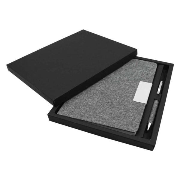 Promotional rpet gift sets with black cardboard gift box26 corporate gifts suppliers for uae Notebook ballpen fabric and metal enclosed in a black cardboard gift box with cushioned protection