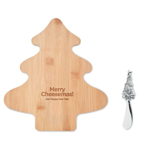 Treechesse2 corporate gifts suppliers for uae A festive tree shaped bamboo cheeseboard set with stainless steel knife and spreader